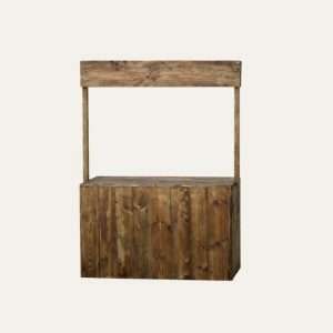 Rustikaler Marktstand aus dunklem Massivholz mit geraden Kanten, freigestellt auf weißem Hintergrund.