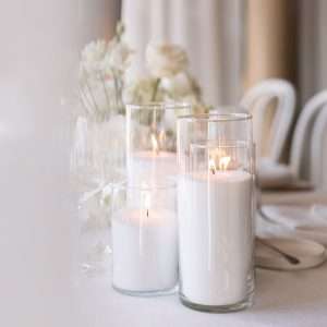 Sandwachs Kerzen 10 kg in Glaszylindern für moderne Hochzeitsdeko